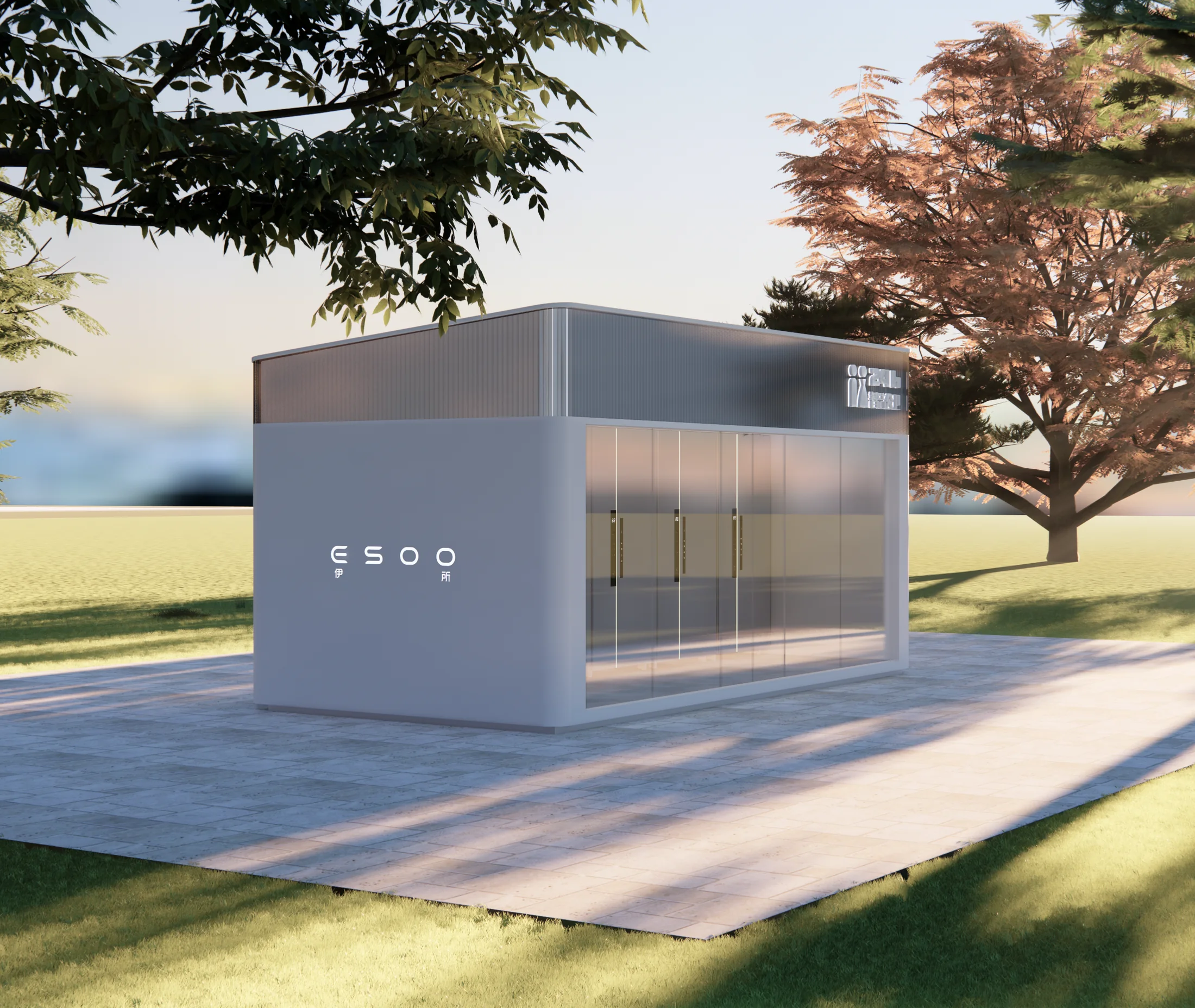 ESOO modular restroom in a landscaped outdoor setting