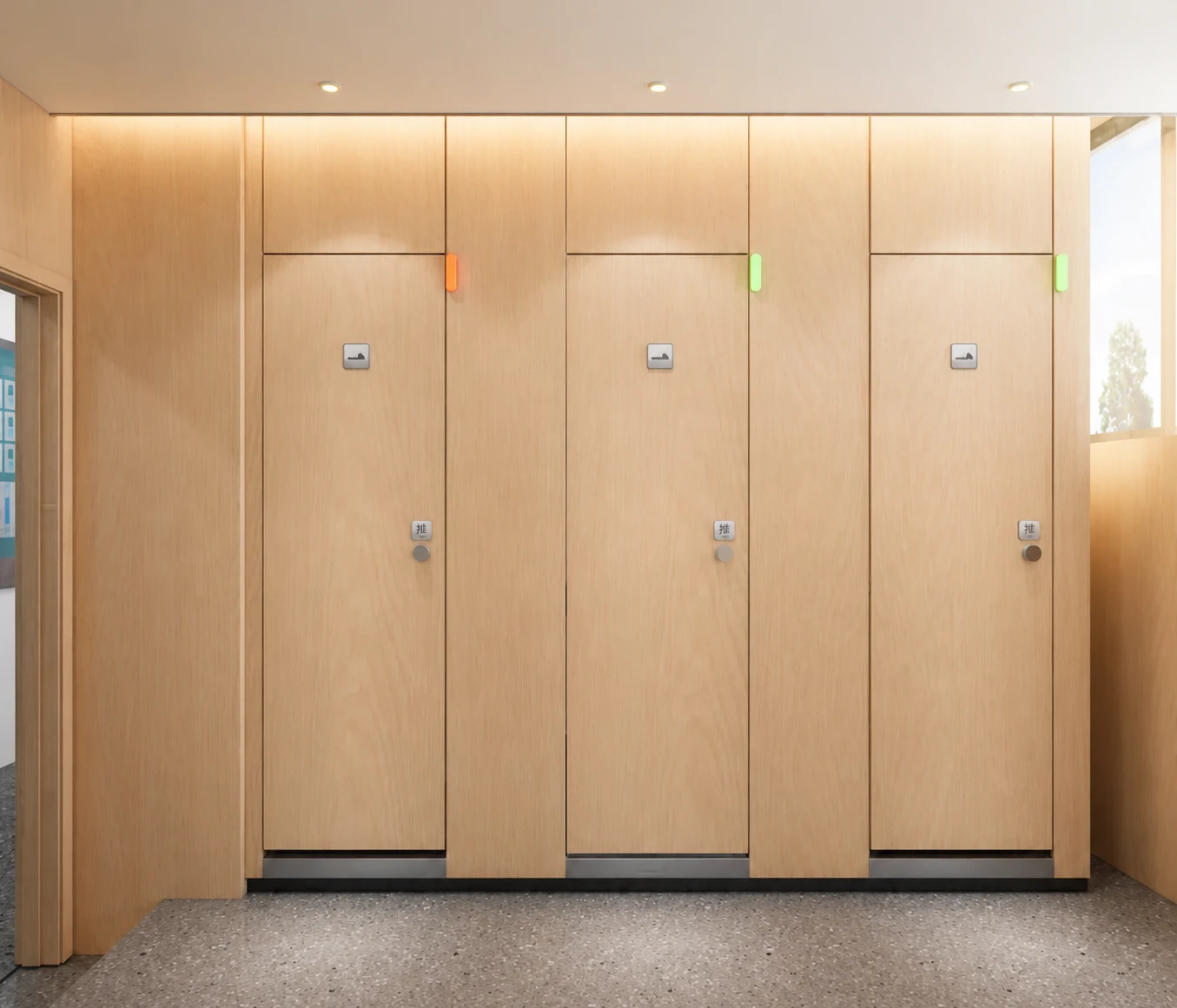 Timber-finished restroom cabins in the Huili interior retrofit